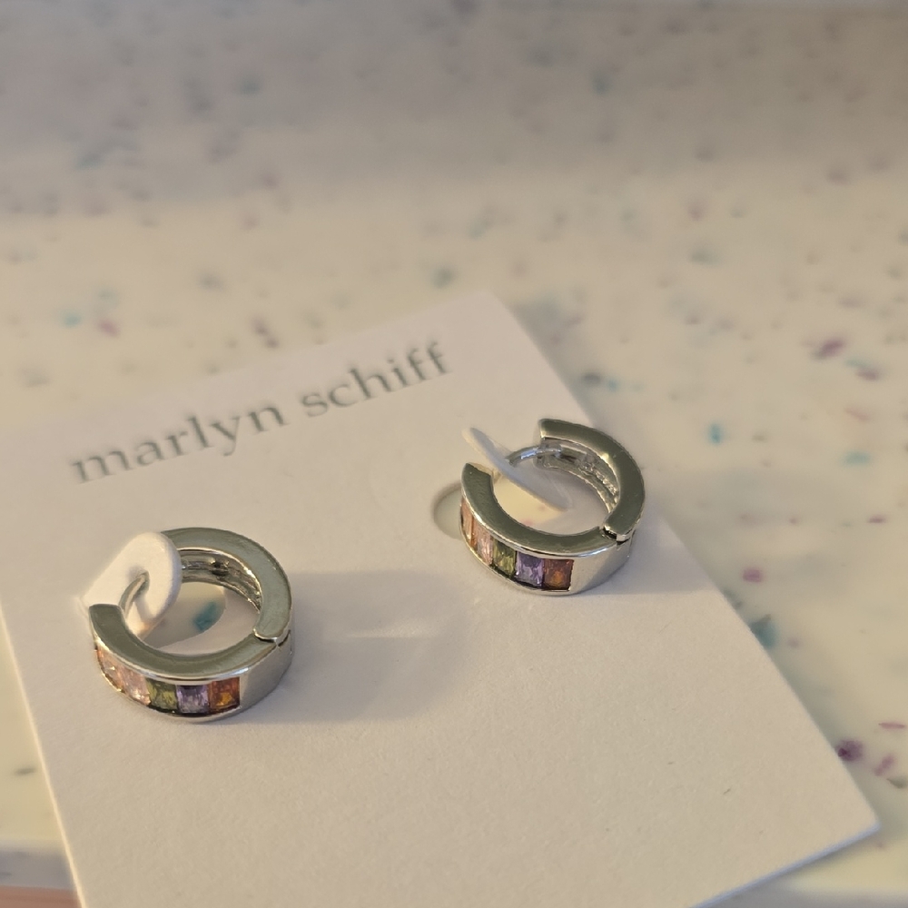 Marlyn Schiff Silver Plated Small Multi Color Hoop Earrings NWT
